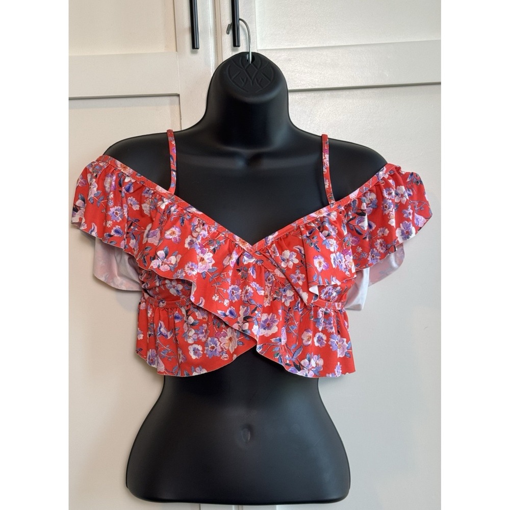 H&M Red Floral Off Shoulder Ruffle Crop Top Bikini Swim Top Size‎ 10